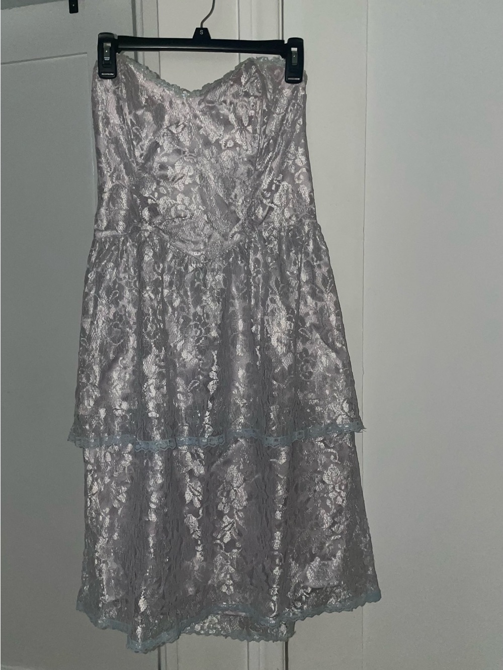 Gunne Sax Strapless Lace Tiered Dress in Pale Silver-Blue